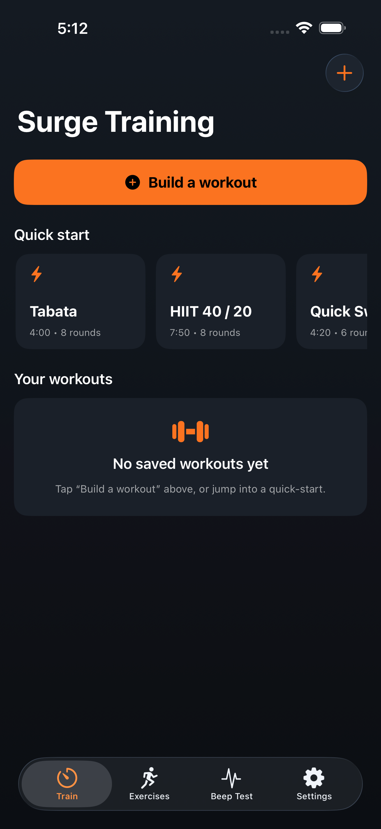 Surge Training home screen
